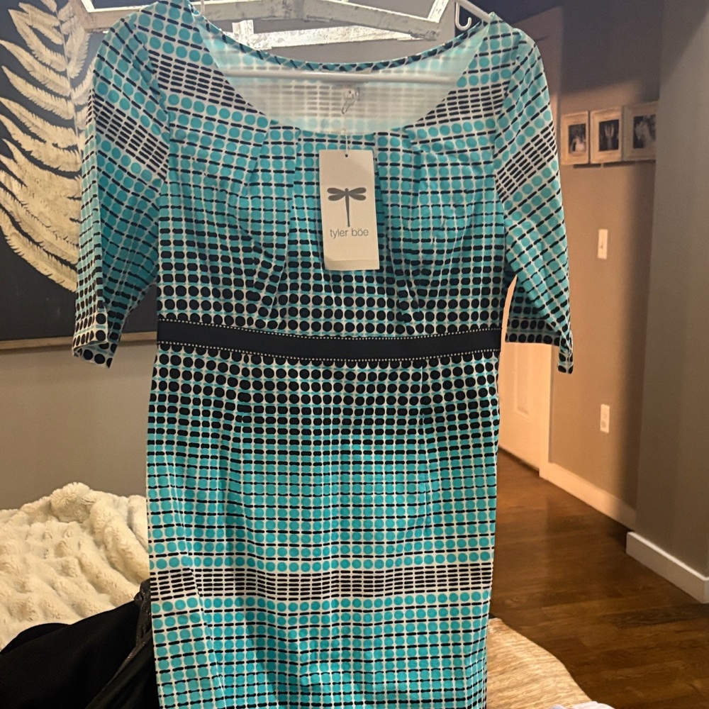 Tyler Boe Turquoise and Black Geometric Midi Dress
